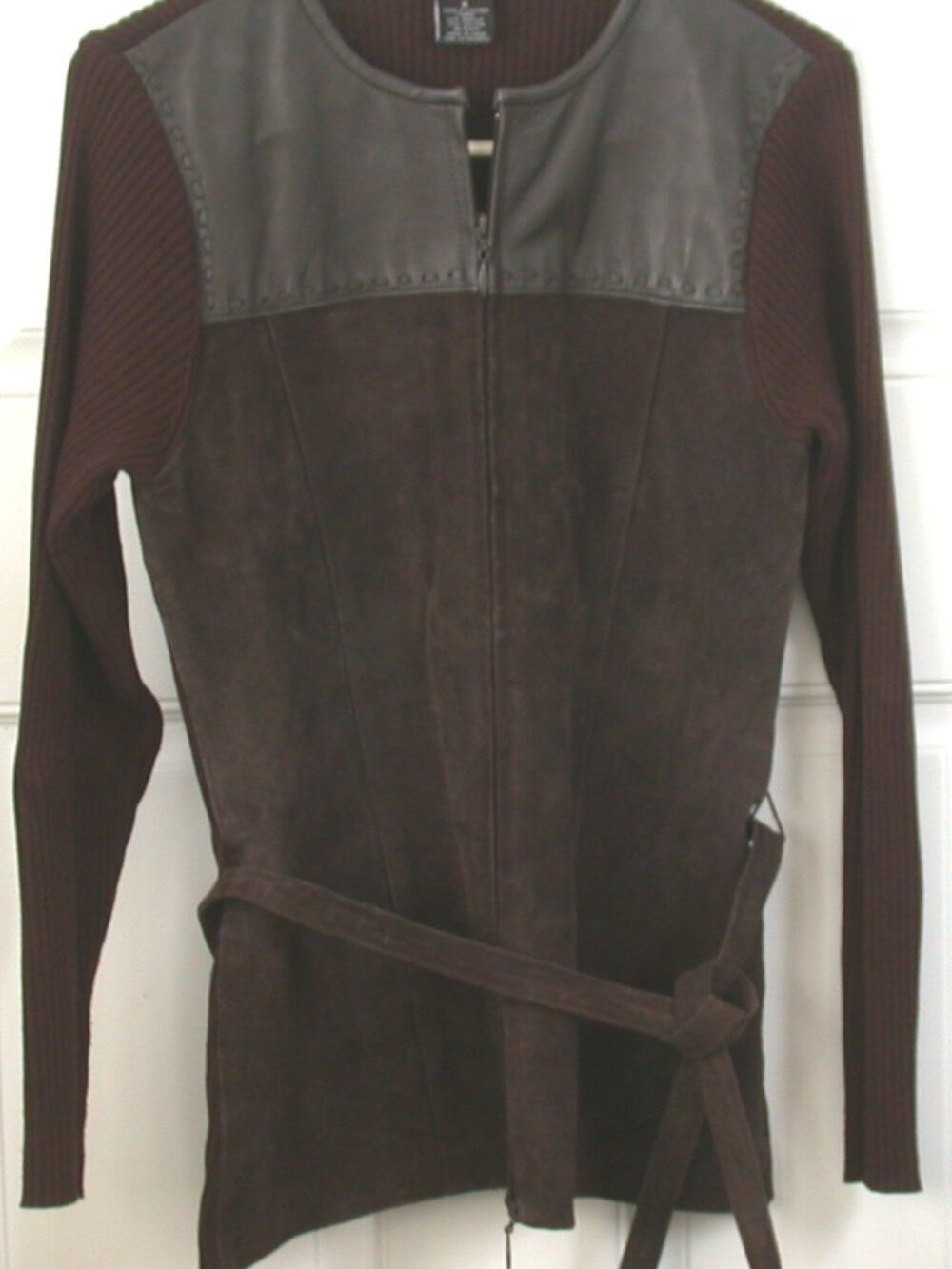 Escapade Brown Suede & Leather Front & Knit Zip Jacket SZ M with Belt